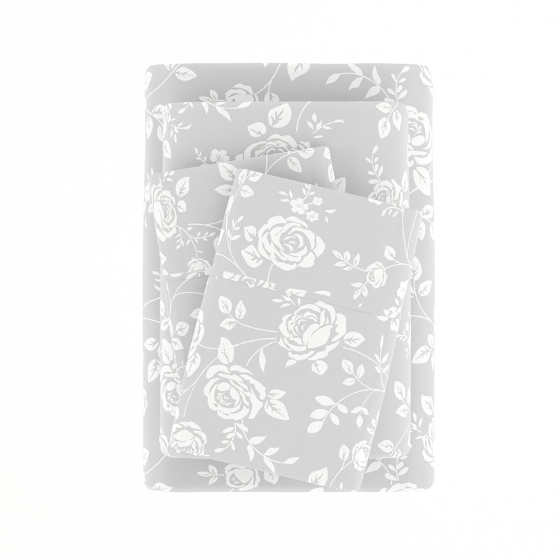 Twin Light Gray Rose Print Cotton Microfiber Sheet Set