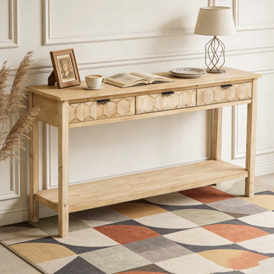 60'' Fir Veneer Entryway Table with Honeycomb-patterned Fronts,Modern Stylish Console Table