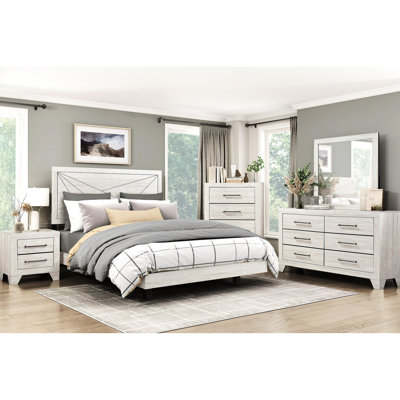 Modern Queen Bed With Dusty Gray Oak Finish And Line Pattern Headboard, , Side Rails For Bedroom Wood Contemporary Finish,