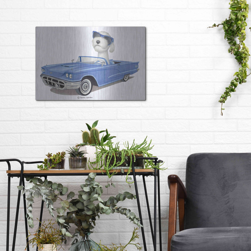 Art mural en métal Williston Forge «White Labradoodle Blue Car» par Danny Gordon, H 12 po x l 16 po