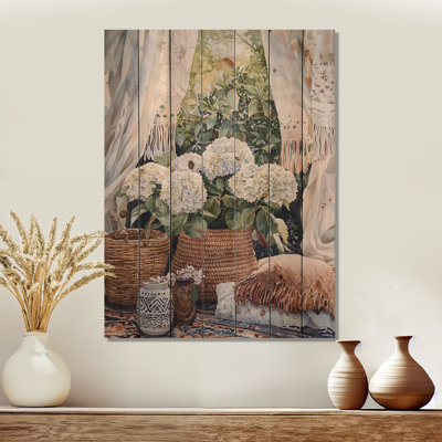 Boho hortensias par la tente Boho I - décoration murale en bois d'hortensias - sur bois de pin naturel