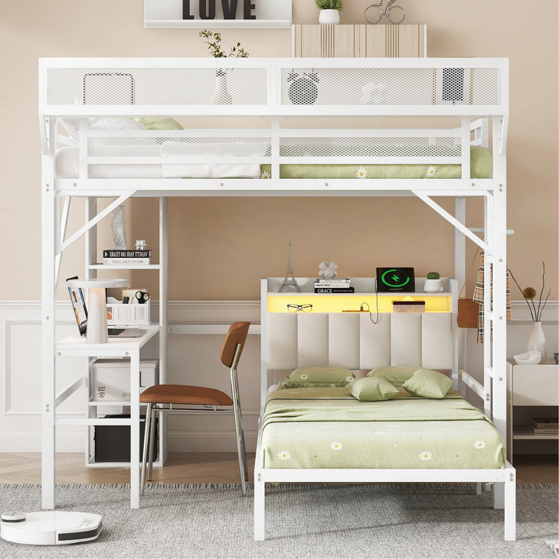 Lit superposé simple en métal avec bureau et tablettes Ful Over, Blanc