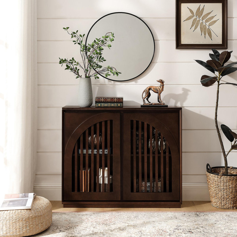 Mid Century Modern Fluted Sideboard Cabinet With 2 Outlet Holes, Buffet Cabinet With Storage, Narrow Side Cabinet For Living Room Entryway Hallway Kitchen Coffee Bar, Dark Walnut