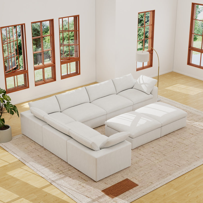 Kenda 8 - Piece Upholstered Linen Slipcovered Sectional, White Linen Blend