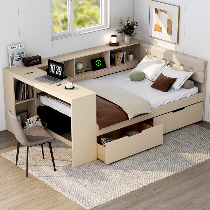 Lit plateforme en bois pleine grandeur avec tablettes de rangement, tiroirs, station de charge et tête de lit tapissier, crème