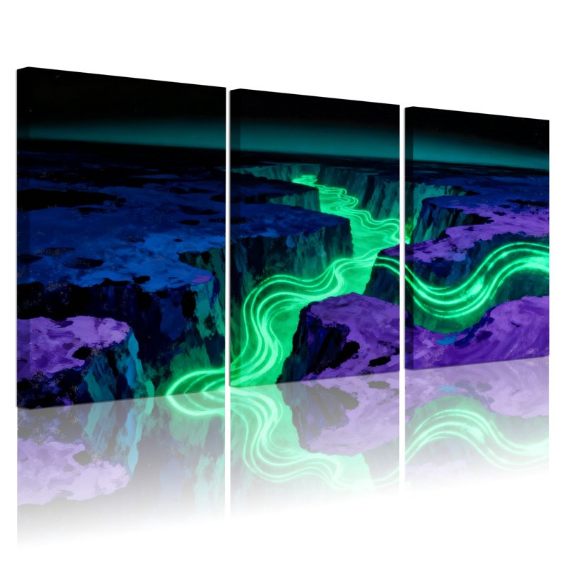 Nautical & Beach Neon River Flowing Through Dark Canyon Landscape Set of 3 Canvas Wall Art Prints, 18" H x 36" W