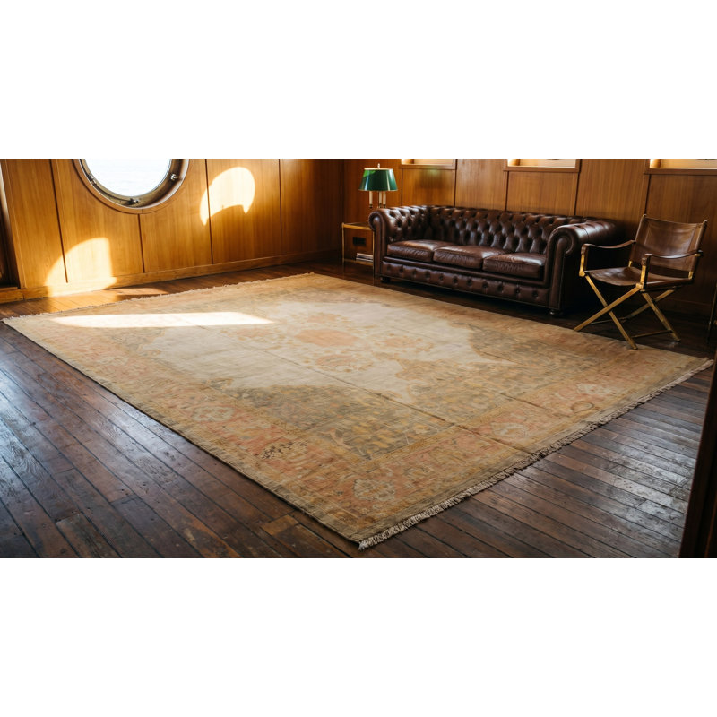 Wool Hand Knotted Pile Ivory Beige Cream White Large Floral Medallion Square Antique 1890s Rug