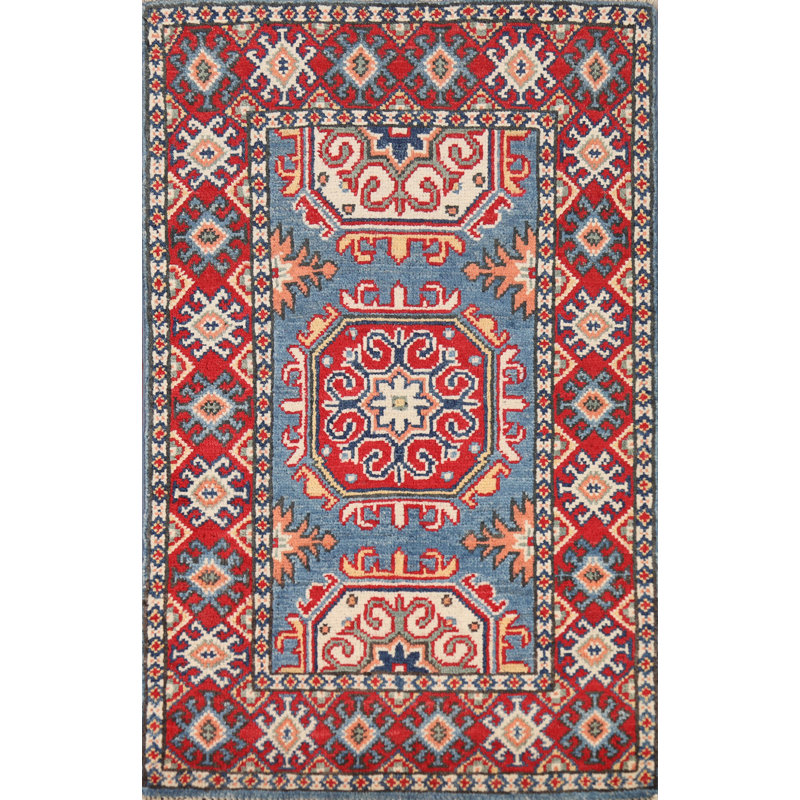 Tapis oriental bleu à motif géométrique Kazak 2x3