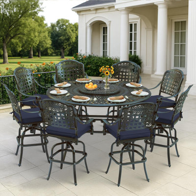 10-Piece Outdoor Bar Set, All Weather Cast Aluminum Patio Bar Furniture With 8 Cushioned Swivel Bar Stools, Large 60.98" Round Patio Bar Height Table by Canora Grey