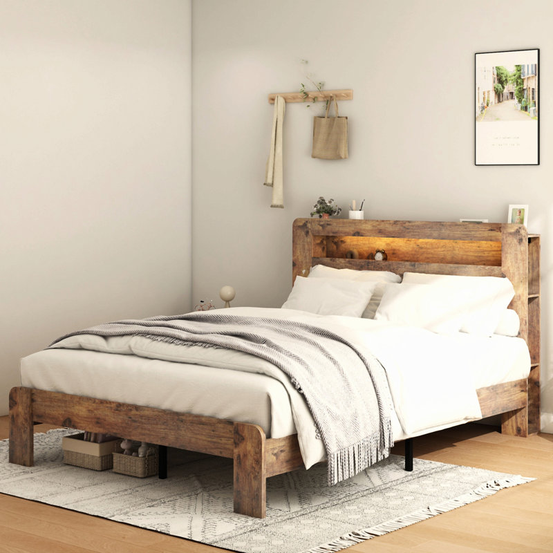 Structure de lit Structure de lit plateforme en bois avec tête de lit à DEL avec rangement et 2 ports USB, silencieux, aucun sommier nécessaire et outil d'assemblage facile, grand rangement sous le lit