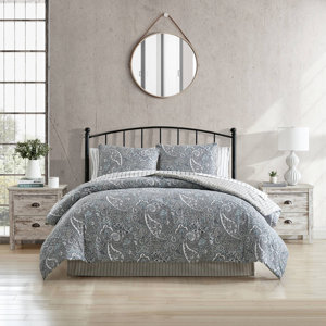 Upham Blue/Neutral Reversible Traditional 4 Piece Comforter Set