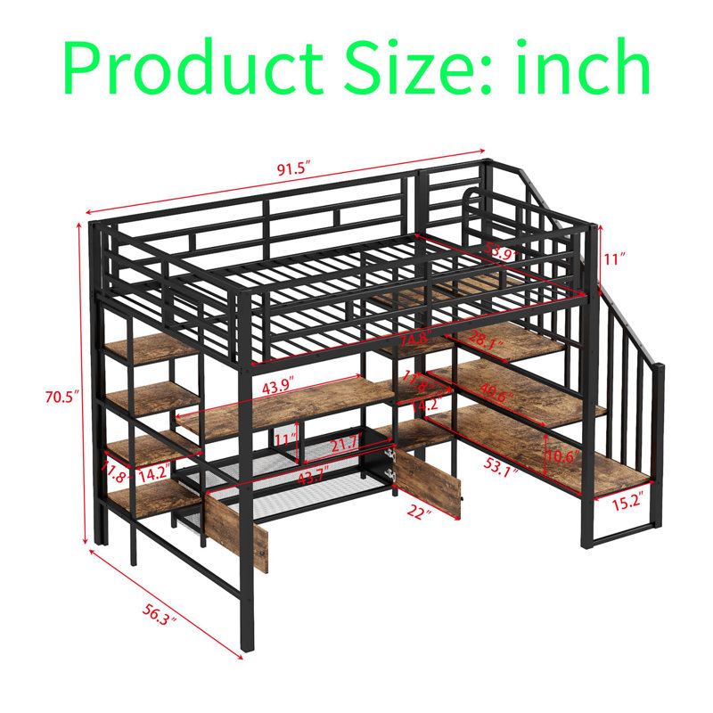 Lit mezzanine double avec table de rangement basse, structure en métal robuste, 2 tablettes à 4 niveaux et rangement en filet, conception multifonctionnelle peu encombrante avec garde-corps de sécurité