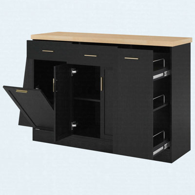 Multi-Functional Storage Sideboard, Trash Can Storage, Sliding Door Cabinet & 3-Tier Spice Rack,Kitchen Island Table for Kitchen, Dining Room (Black)