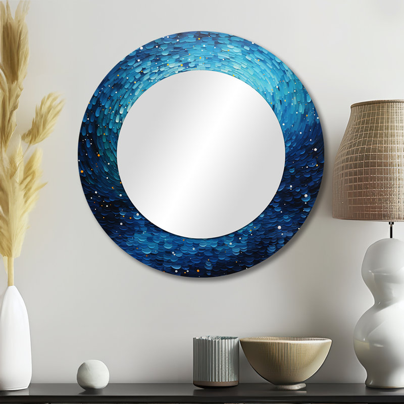 Pointillism River Majestic Cascade - grand miroir bleu, décor de miroir mural traditionnel unique, impression d'art en métal