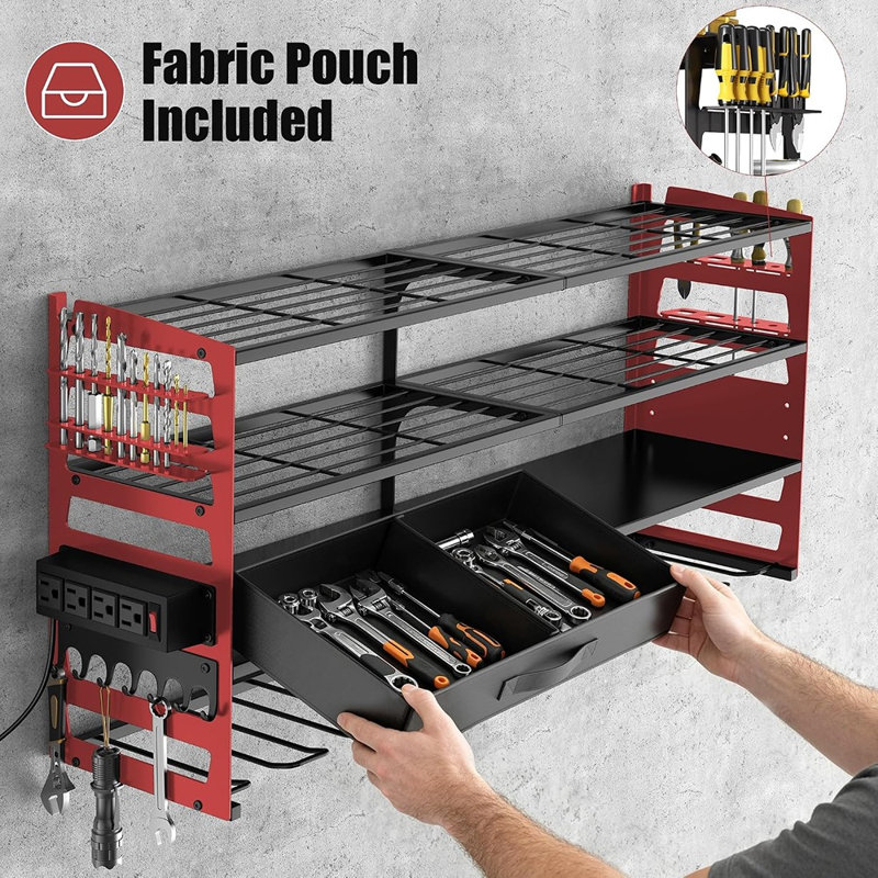Support mural robuste pour outils électriques, avec rangement intégré rouge.