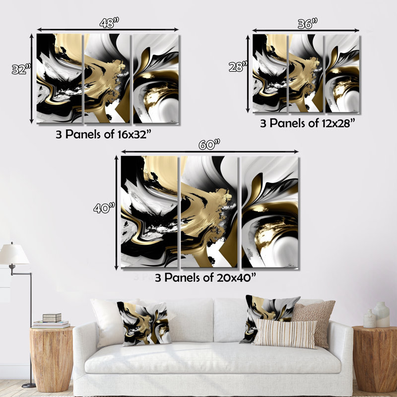 Wild Wave Bliss abstrait or blanc noir V 3 pièces, H 28 po x l 36 po x P 1 po