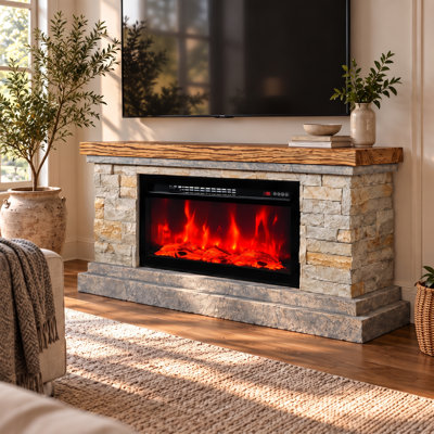 Millwood Pines Terrafab Indoor Smart Electric Fireplace, High Simulate Wood Shape Inside, Faux Stone Gray