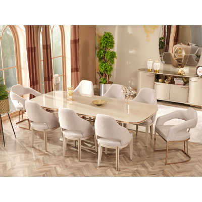 Luxurious Beige Velvet Dining Set With Gold Accents – Multiple Seating Options Available