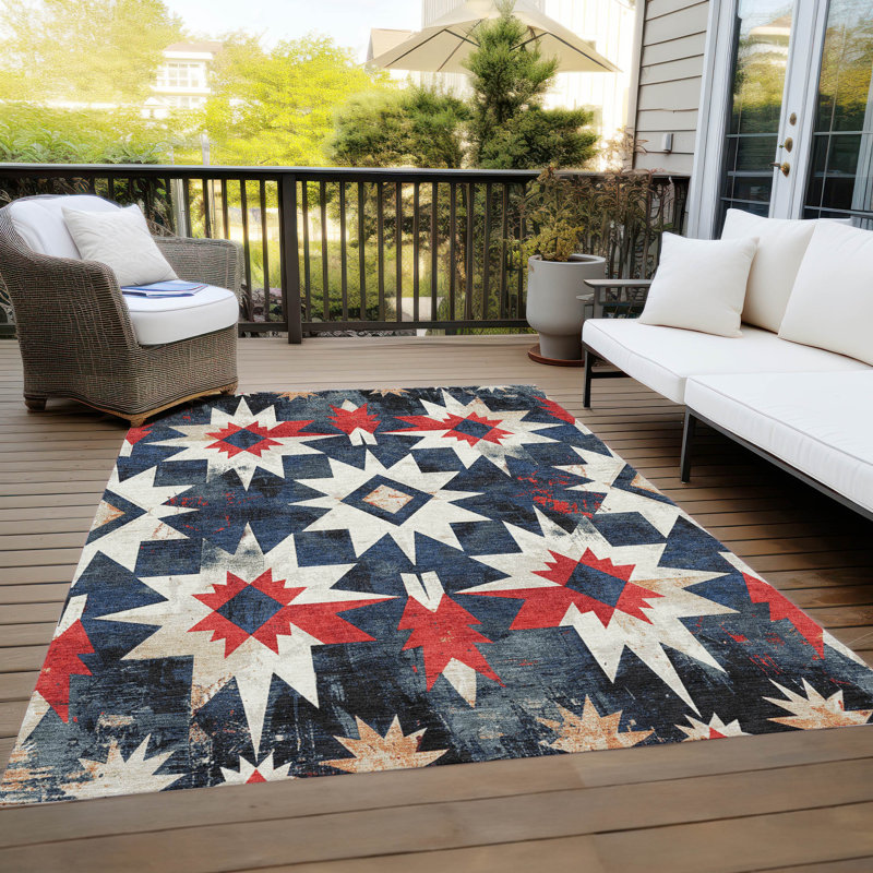 Machine Washable Indoor/Outdoor Xhevrie Navy Rug, Rectangle 9' x 12'