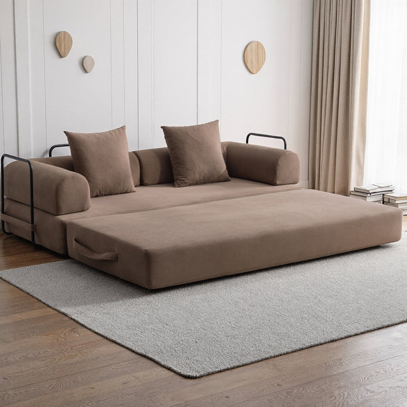 Canapé-lit modulaire pliable compressé avec structure en métal, canapé convertible 2 places en velours côtelé avec pochette de rangement pour les petits espaces, les appartements et les dortoirs