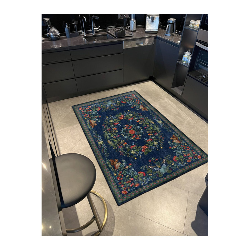Tapis décoratif géométrique bleu à motif géométrique lavable à la machine, Tapis de couloir 4 pi 11 po x 9 pi 10 po inclus