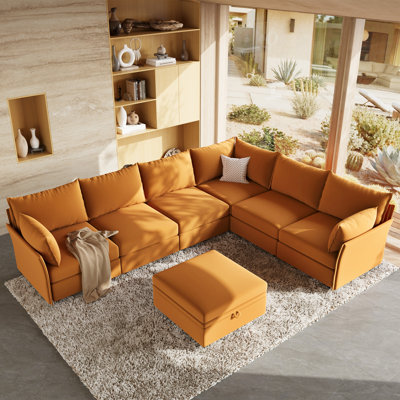 Canapé modulaire Adrielle, canapé-lit moderne et confortable, coussin profond avec coussin décoratif et repose-pieds mobile, jaune Adrielle