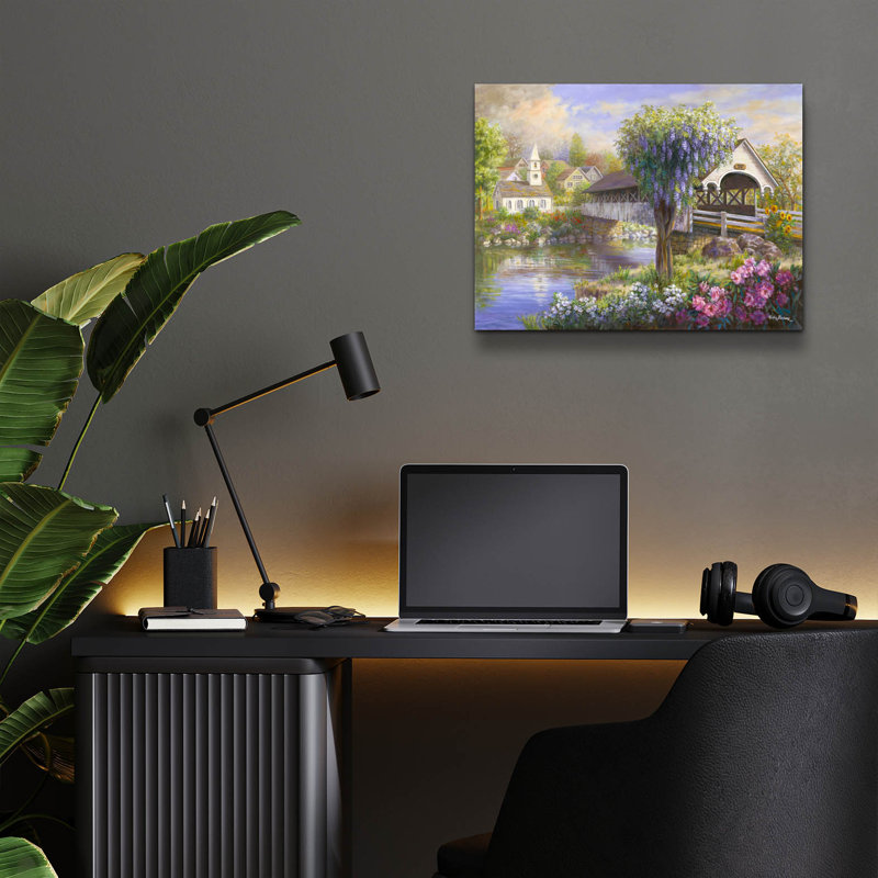 Art mural en verre épique 16 po x 12 po «pittoresque pont couvert» par Nicky Boehme