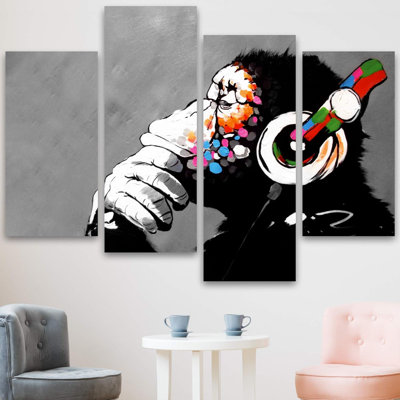 Pop urbain, rue, Banksy, pensée, singe, graffiti, impression sur toile tendue 4 pièces