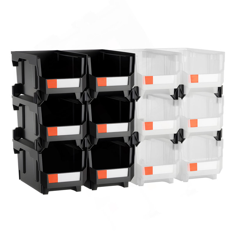 Bacs de rangement en plastique empilables, 14,8 x 8,5 x 7,1 pouces (paquet de 12), contenants en plastique pour organiser et bacs de rangement pour le garage, petites pièces, fournitures de bureau, autres accessoires, noir et transparent