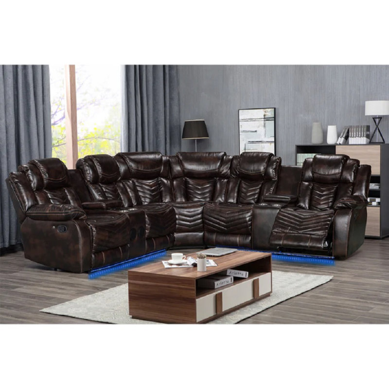 Vichy Brown Air Leather Reclining Sectional With Led And Bluetooth, Brown Faux Leather