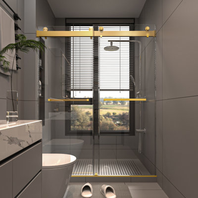 56-60"w X 76"h Frameless Double Sliding Shower Door, 3/8" (10mm) Tempered Glass, Waterproof Design, Brushed Gold