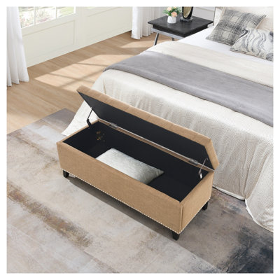 Banc de rangement repose-pieds brun avec charnière de sécurité et coussin en mousse 47,5 po Brown