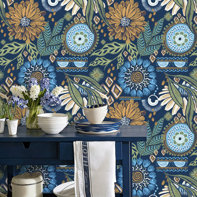 Peel and Stick Wallpaper Boho Retro Floral Wall Paper Navy Blue Mustard for Bathroom Kitchen Accent Wall 17.3in x 9.8ft