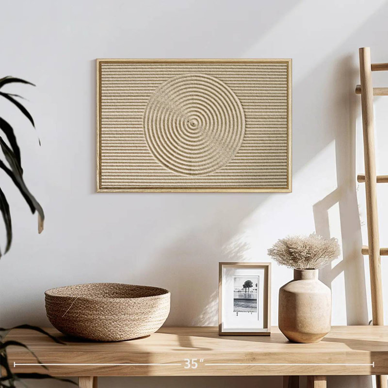 Cercles zen dans le sable, Cadre flottant en bois naturel, 19 po x 13 po
