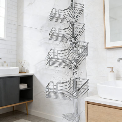 Serviteur de douche à poteau à tension réglable - Organisateur de coin à 4 niveaux avec porte-savon et brosse à dents, rangement de salle de bain en acier inoxydable avec crochets, sans installation de perçage