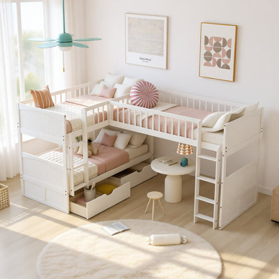 Twin Size Bunk Bed with Attached Loft, 2 Storage Drawers, Corner Space-Saving Design, Pine & MDF Construction, Versatile Play and Study Area for Kids