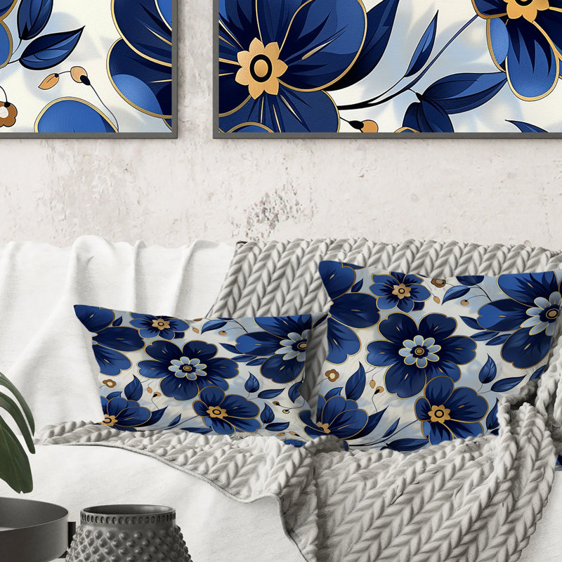 Cobalt bleu floral transitionnel VII - Coussin décoratif transitionnel, H 18 po x l 18 po