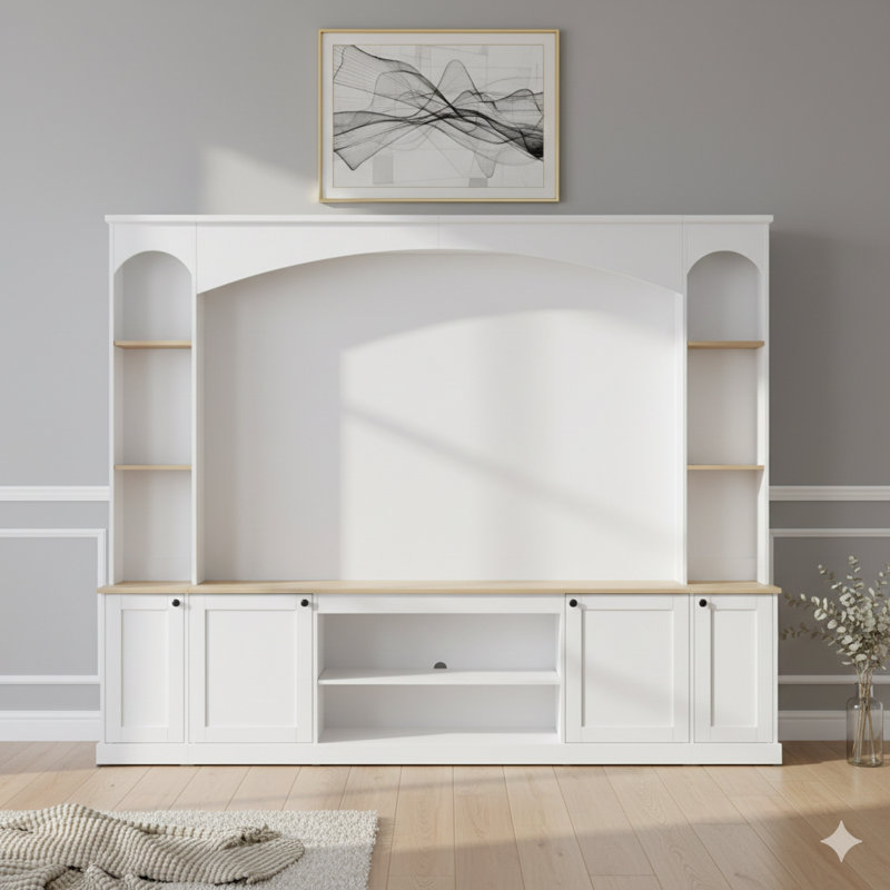 Élégante unité murale de divertissement arquée avec bibliothèque, meuble télé de ferme avec grain de bois pour téléviseur de 70 po ou moins, console multimédia de 91 po avec tablettes réglables pour le salon, fini blanc (vidéo d'assemblage disponible)
