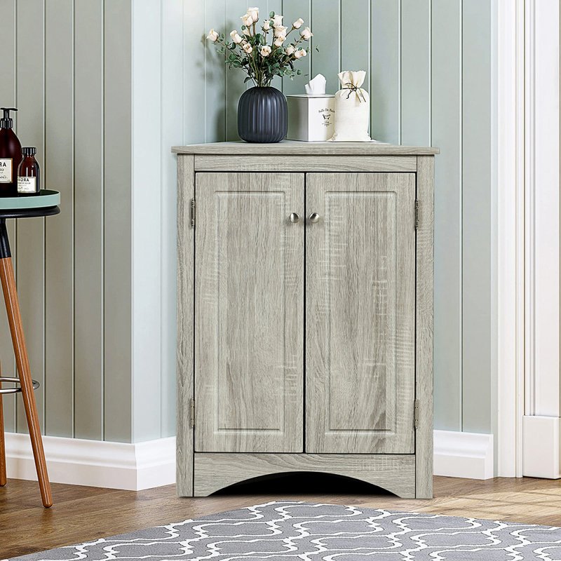 31.5"H Triangle Bathroom Storage Cabinet with Adjustable Shelves, Oak