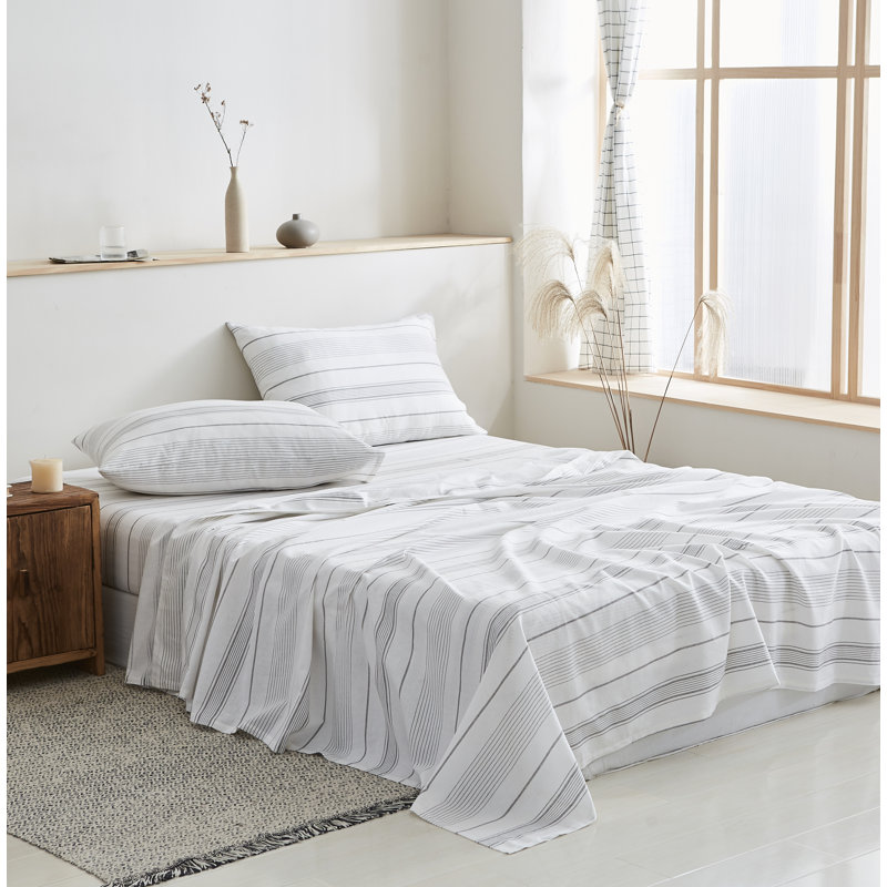  Ensemble de draps en coton 160 fils, Très grand, Blanc / gris