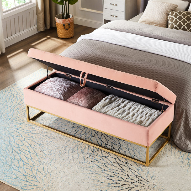 Banc de rangement en velours rose - base en métal 58,6 po pour un look contemporain, Rose
