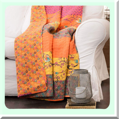 Boho Bliss Reversible Cotton Throw Blanket - 50"x60" Tangerine Orange, Colorful Bohemian Striped Pattern, Perfect for Bed, Couch, or Chair, Cozy Fall Quilted Design"