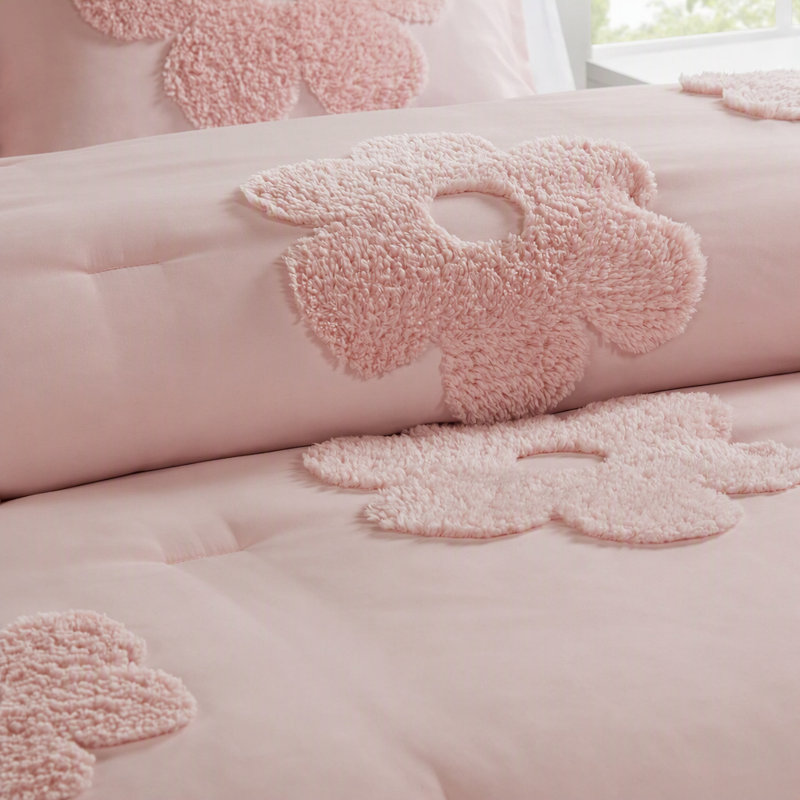 Ensemble d'édredon 3 pièces en chenille capitonnée réversible à motif floral 3 pièces avec coussin décoratif rose