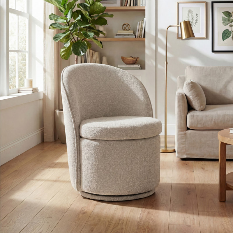 Swivel Barrel Chair Boucle Upholstered Accent Chair with High Back, Oatmeal Fabric