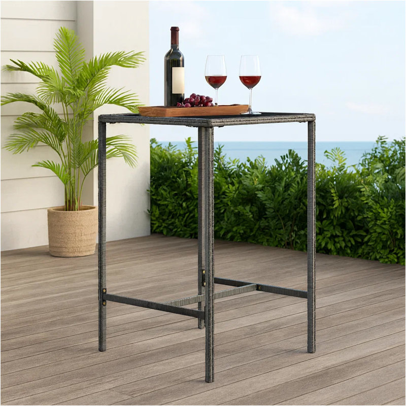 Table de bar Bary, plateau carré en verre trempé de 28 pouces, faux rotin gris