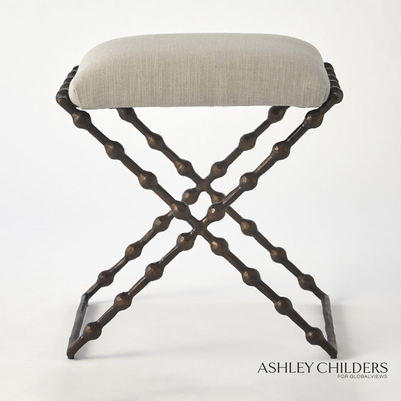 Elder Accent Stool, Black, Linen Blend, Gray