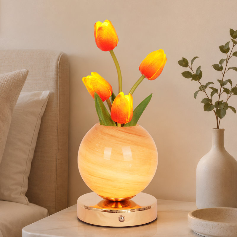 Orange Tulip Flower Table Lamp, 3-Color Touch Control Led Light With Usb Charger, Romantic Night Light