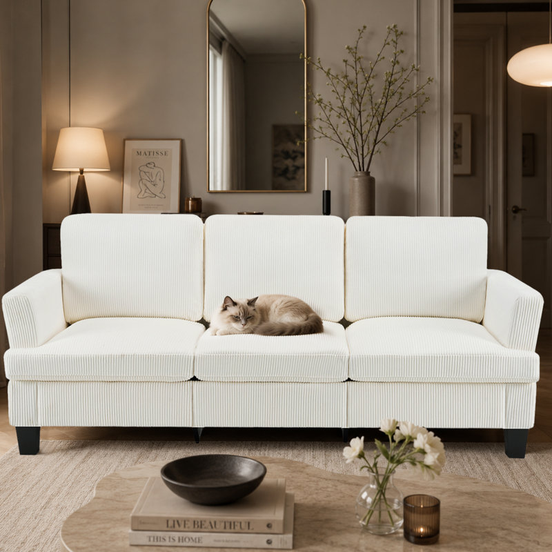 84" Corduroy Deep Seat 3-Seater Sofa, High Back Couch for Living Room Apartment – Easy Assembly, Removable Cushions, White