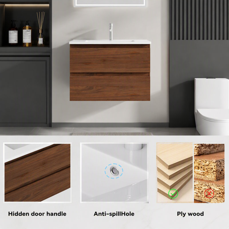 Meuble-lavabo flottant 24 po avec lavabo, tiroir en céramique, contreplaqué, brun, Brown, 24.04"