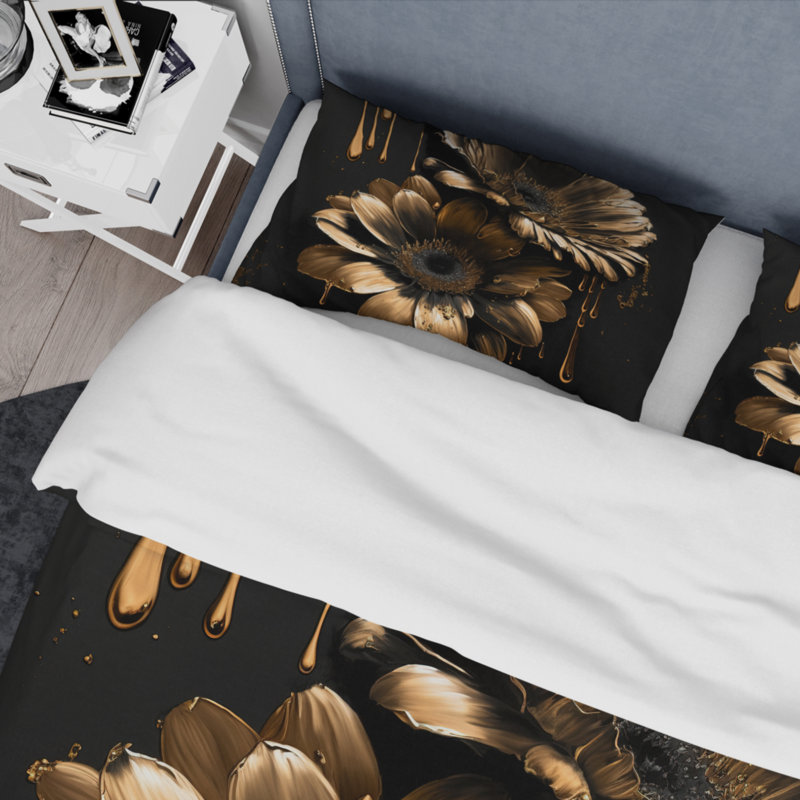 Black and Gold Daisy III - Ensemble de housse de couette à motif de marguerites florales - Microfibre de polyester